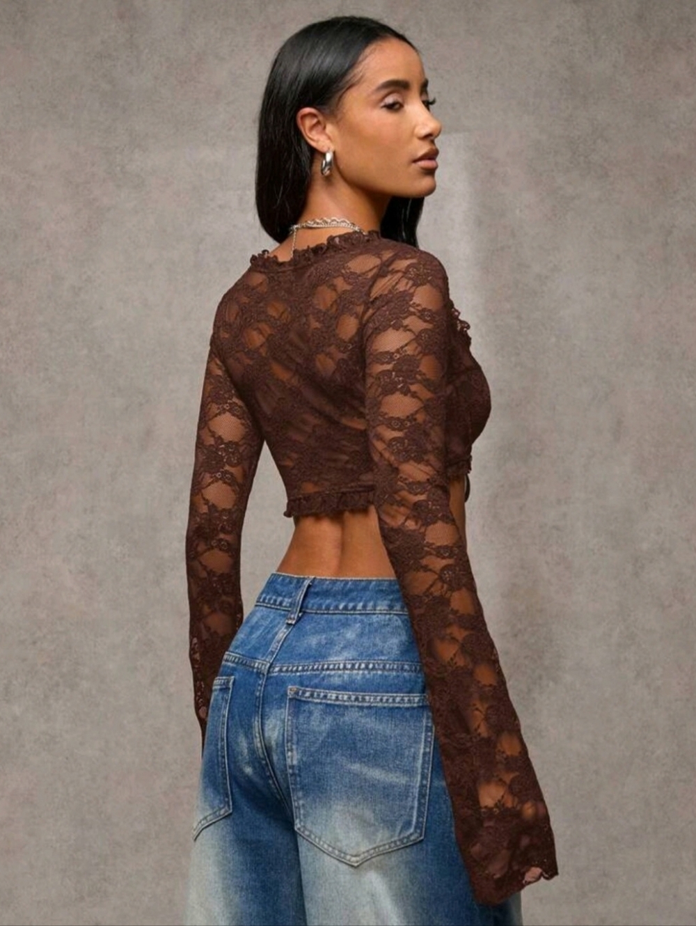 SHEIN Brown Lace Tie-Front Long Sleeve Crop Top - Picture 4 of 5